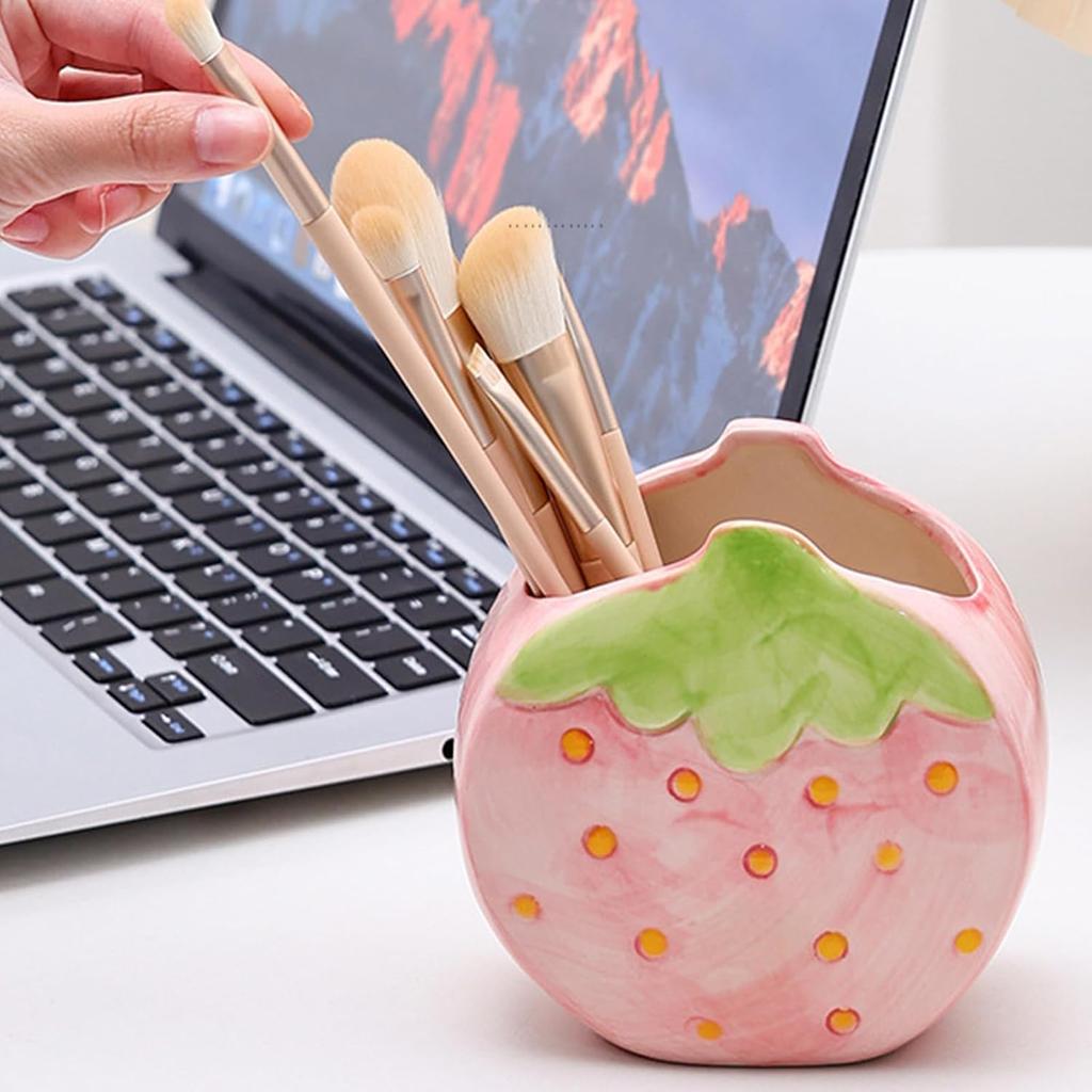 Toothbrush Holder Strawberry Pen Holder for Desk Cute Pink Vase Decor Makeup Brush Pencil Holder Kawaii Desk Accessories Aesthetic Office Home Decor