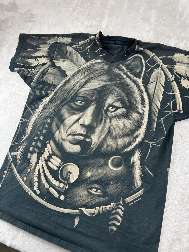 Vintage Liquid Blue Shirt Mens XL Wolf Native American Graphic Tee 90s Unisex T-Shirt L
