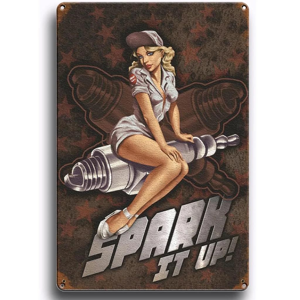 Metall Blechschilder Pinup Zündkerzen Wanddekoration Plakette Vintage Kunst Poster Eisenmalerei für Männerhöhle Zuhause Café Garage Club Bar