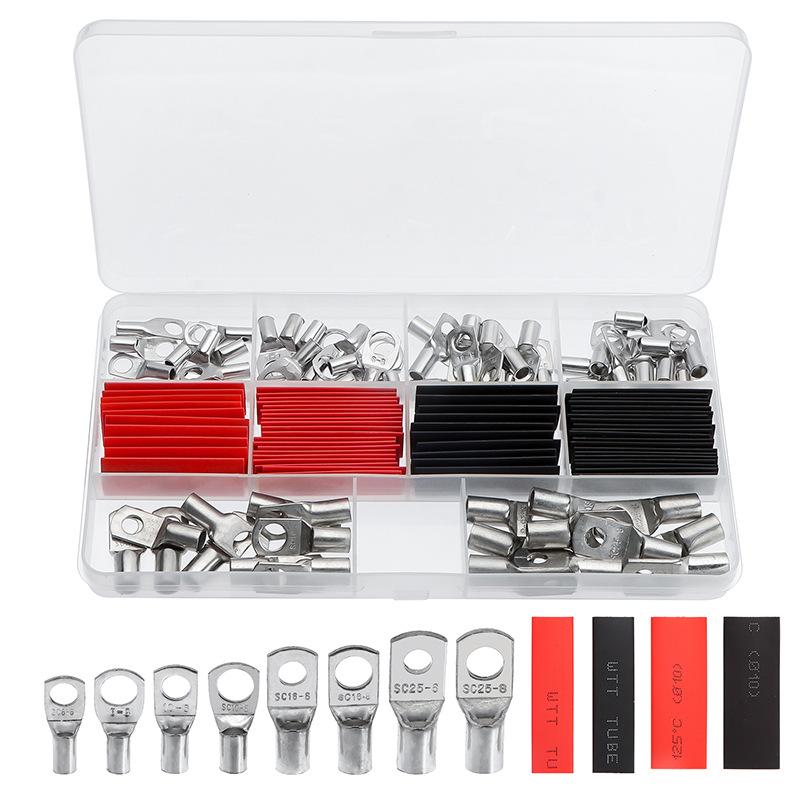 140Pcs/Box Bare Open Barrel Lugs Kit 70Pcs Cable Lugs + 70Pcs Red & Black Heat Shrink Tubing