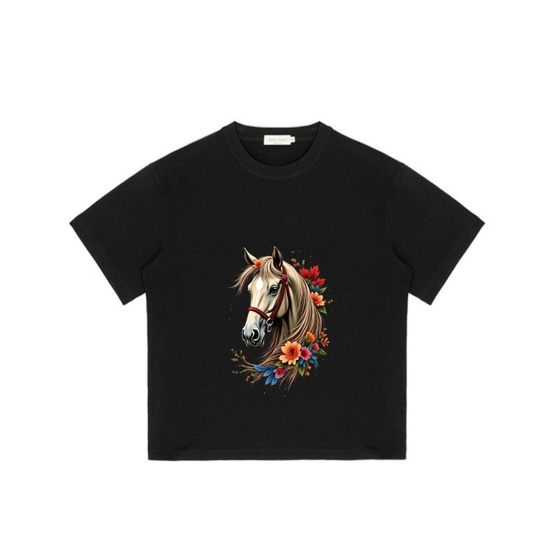 Black T-Shirt With Horse And Floral Design For Casual Wear