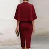 Women's Fashion Midi Dress Round Neck Short Sleeve Bodycon Pencil Dress with Cape Overlay Elegant Slim Fit Knee Length Dress