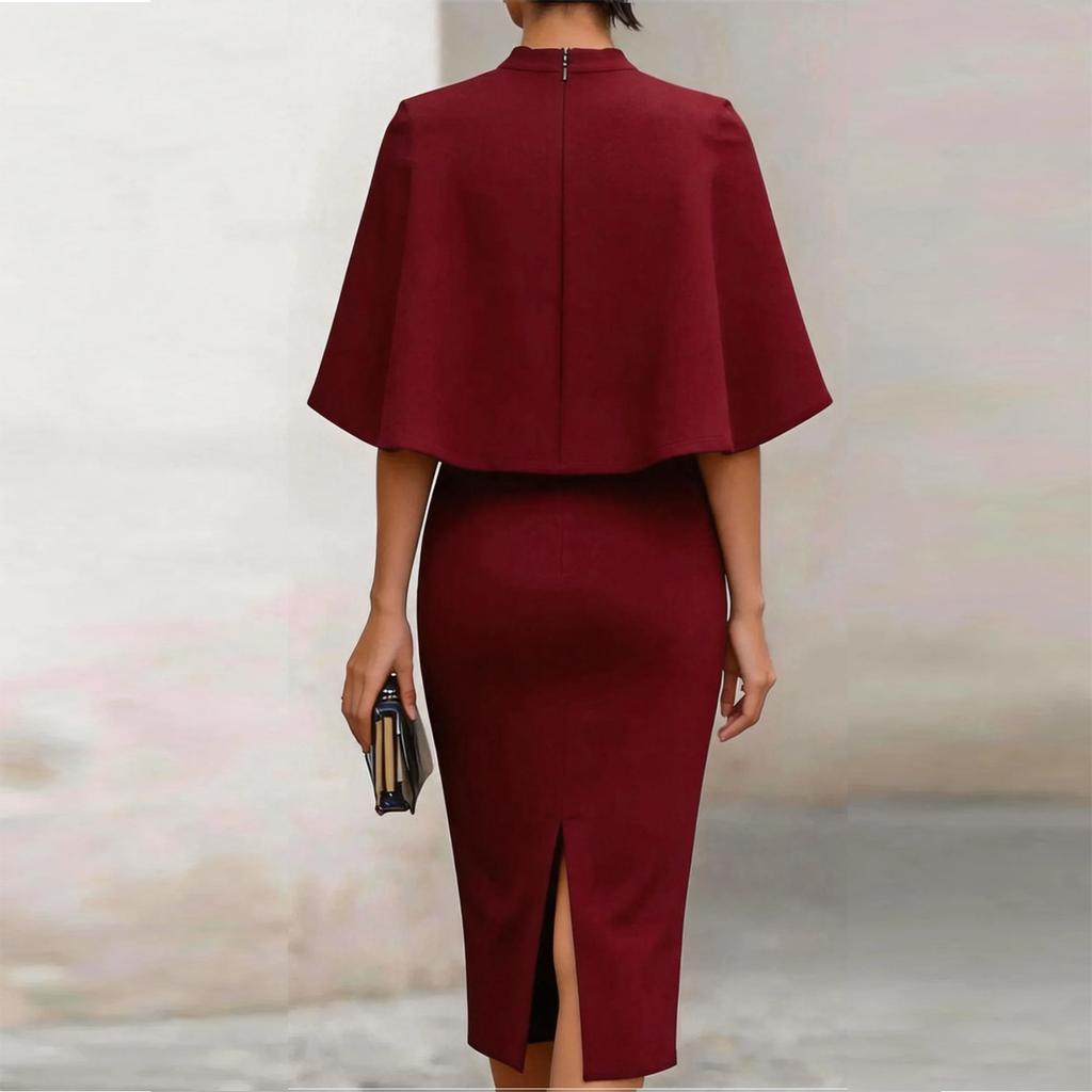 Women's Fashion Midi Dress Round Neck Short Sleeve Bodycon Pencil Dress with Cape Overlay Elegant Slim Fit Knee Length Dress