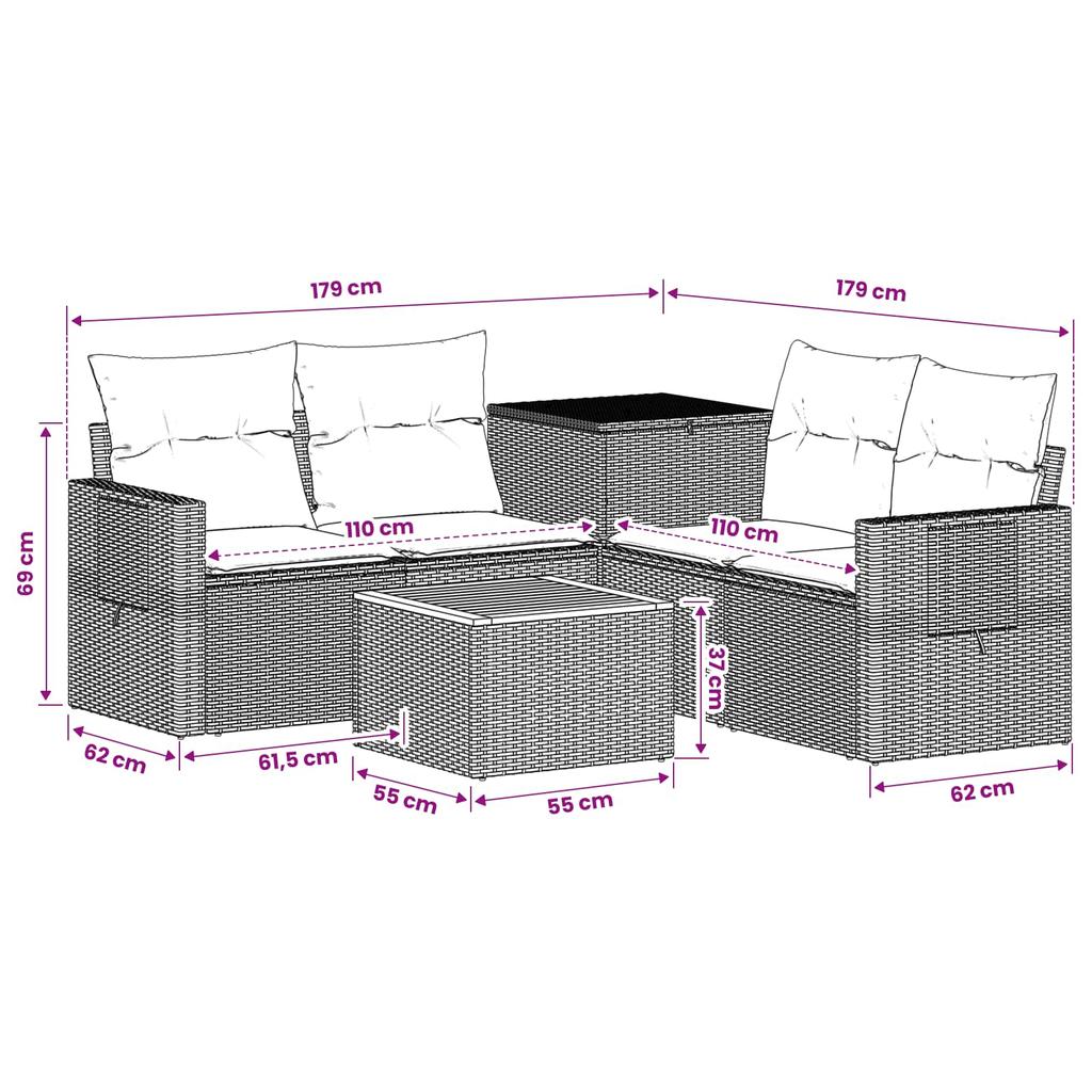 Sofa Set 6 Pieces Black and Cream White Poly Rattan and Steel