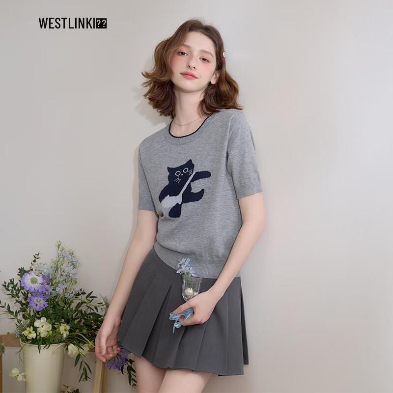 WESTSIDE Women s Cat Embroidered Short Sleeve Knit Top M