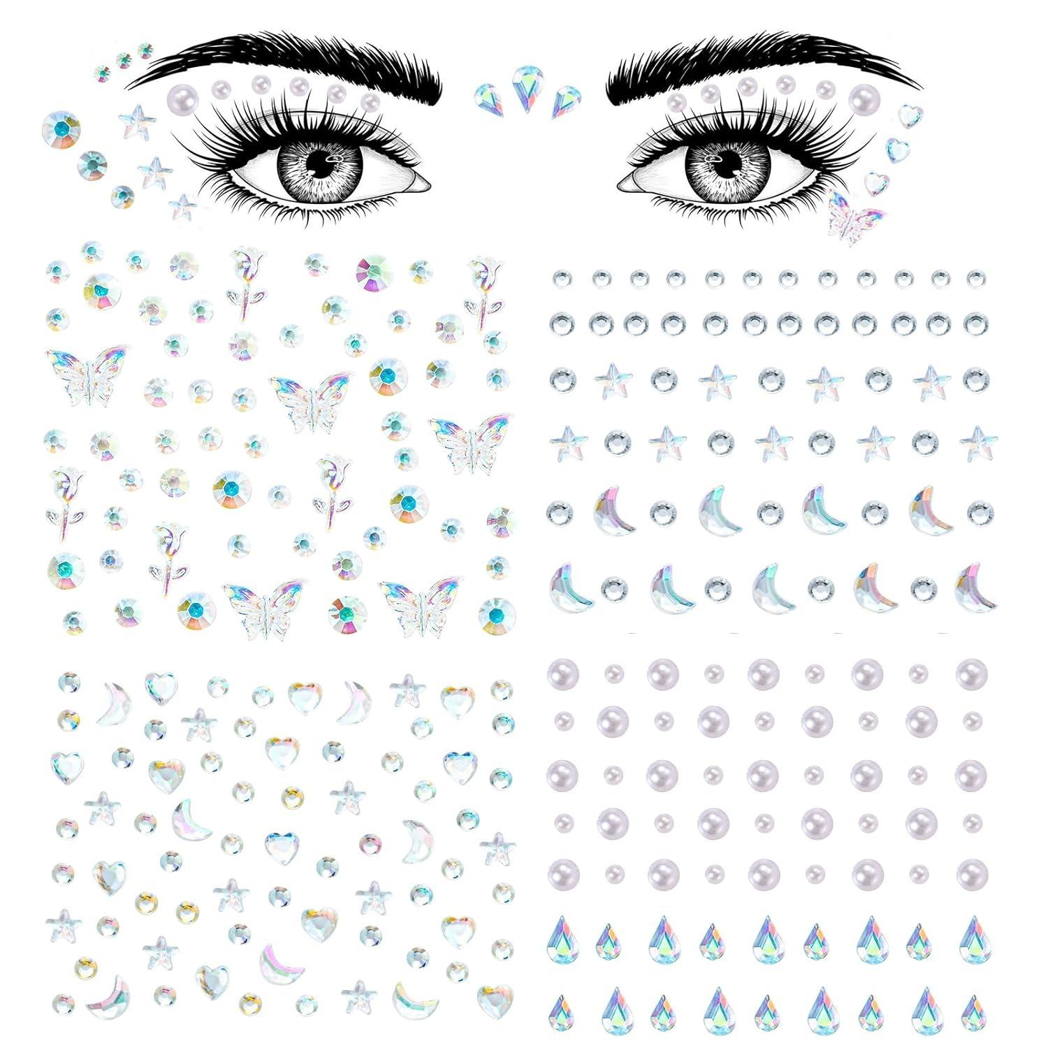 

Face Gems Self Adhesive Face Rhinestones Stick On for Hair Gems Makeup Stickers Face,Eyes,Nail Stickers Pearls Star Rhinestones Tattoos for Women A9