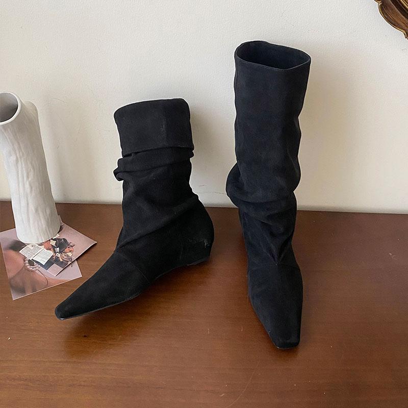 

Мода Мода Флок Женские Ботинки Миди-Икры Обувь С Увеличением Высоты Обувь Плиссированные Женские Современные Ботинки Женская Обувь Слипоны 35 чёрный