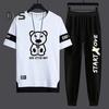 2Pcs/Set Men Casual Sportwear O-Neck Short Sleeve Bear Pattern T-shirt Elastic Waist Sweatpants Set Loose Fit Sports Wear