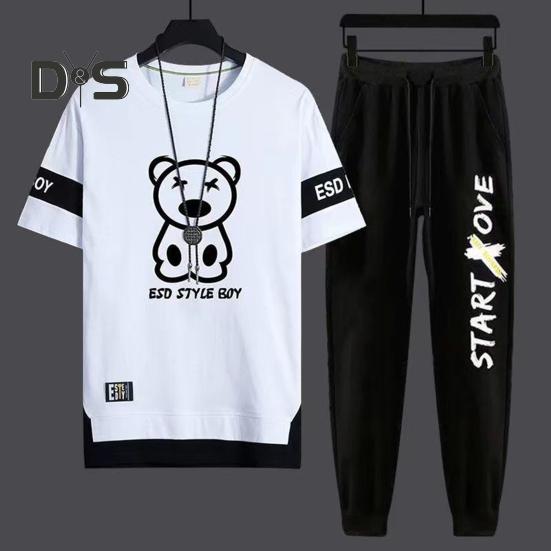 2Pcs/Set Men Casual Sportwear O-Neck Short Sleeve Bear Pattern T-shirt Elastic Waist Sweatpants Set Loose Fit Sports Wear