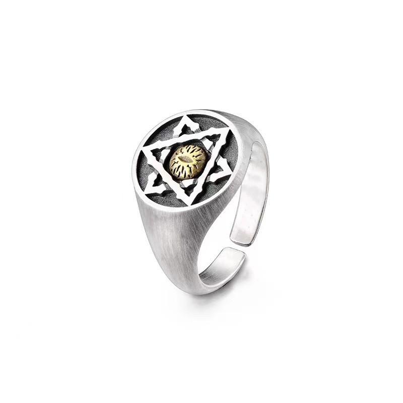 Adjustable Plated Mens Ring With Hexagram Eye Motif Vintage Geometric Statement Finger Adjustable Open Band