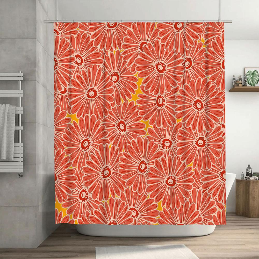 Handmade Shower Curtain Floral Design, Orange Color, Waterproof Fabric, Room Decoration Customizable Size 36x72 inches for Bathr