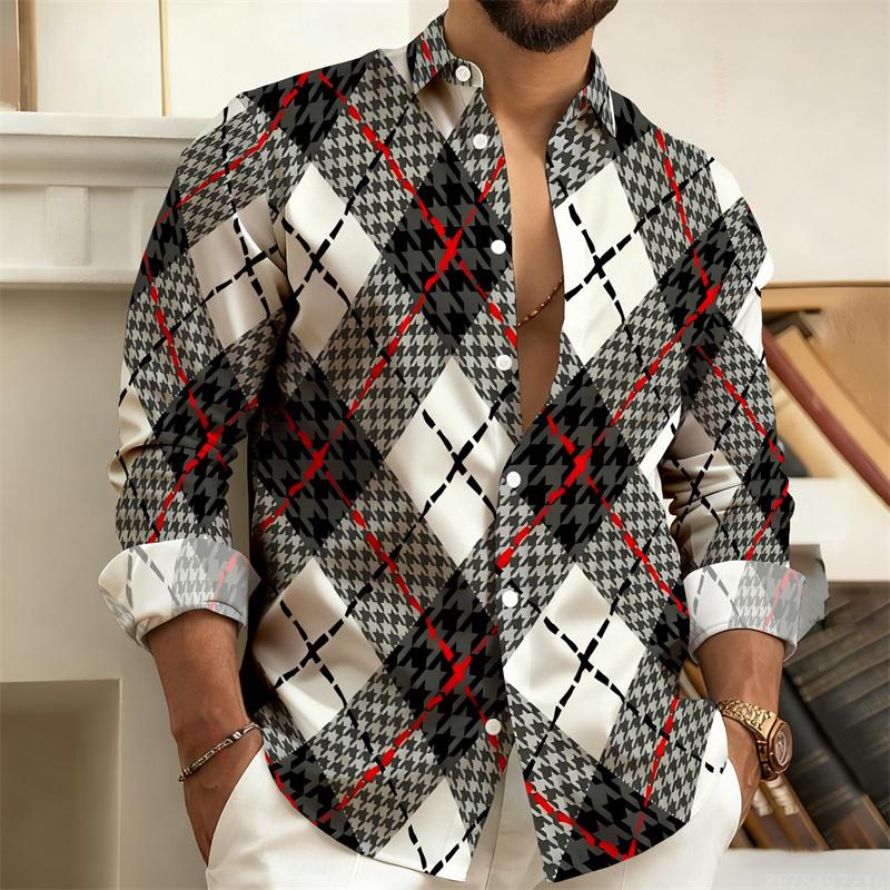 New Men's Shirt with Color Blocking Geometric Stripes, Long-Sleeved, Casual, Outdoor, Street Style, Fashionable Top
