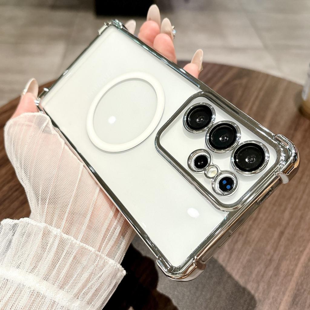 Suitable for Samsung S25 Ultra Mobile Phone Case Four Corner Airbag Anti Fall Magnetic Charging S24 Transparent Electroplated Hard Shell 23F