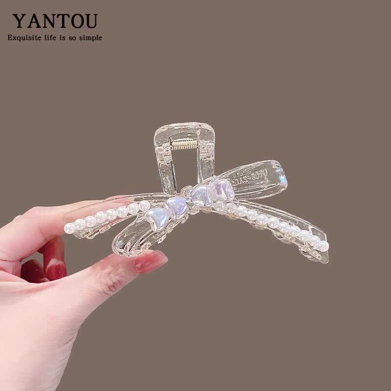 Korean Acrylic Rhinestone Bow Shark Hair Clip for Women - Internet Celebrity Style