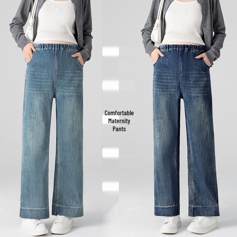 2026 Spring Maternity Wide-Leg Elastic Denim Pants with Side Drawstring Adjustment M