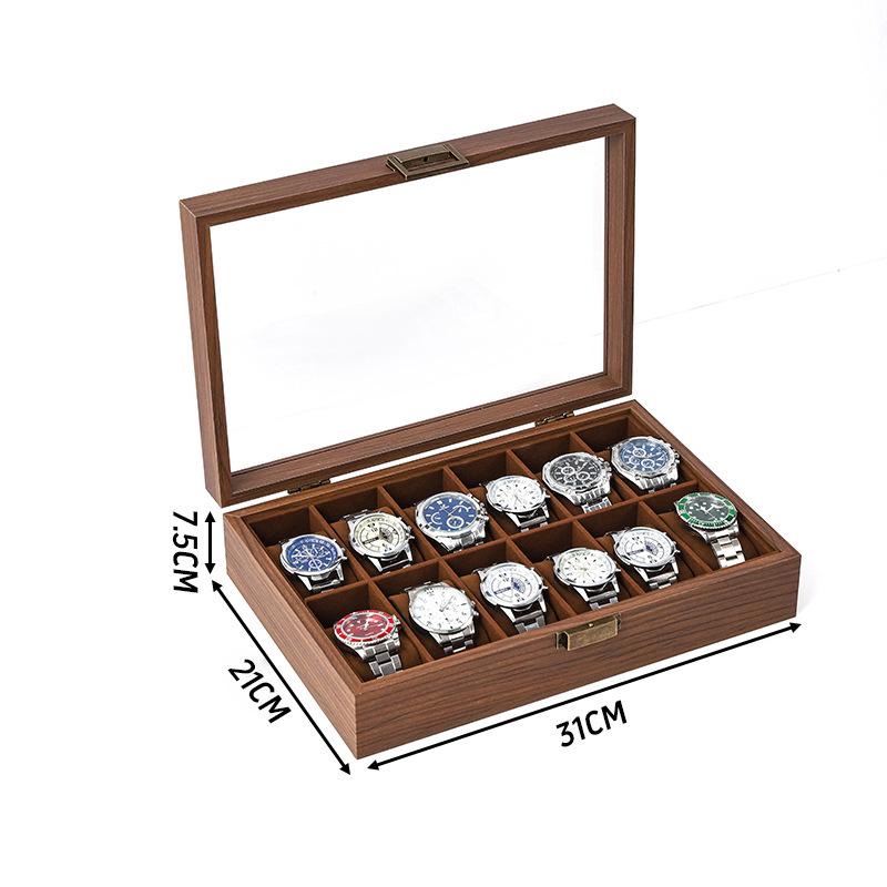 Walnut Wood Grain Watch and Jewelry Display Box with Glass Top