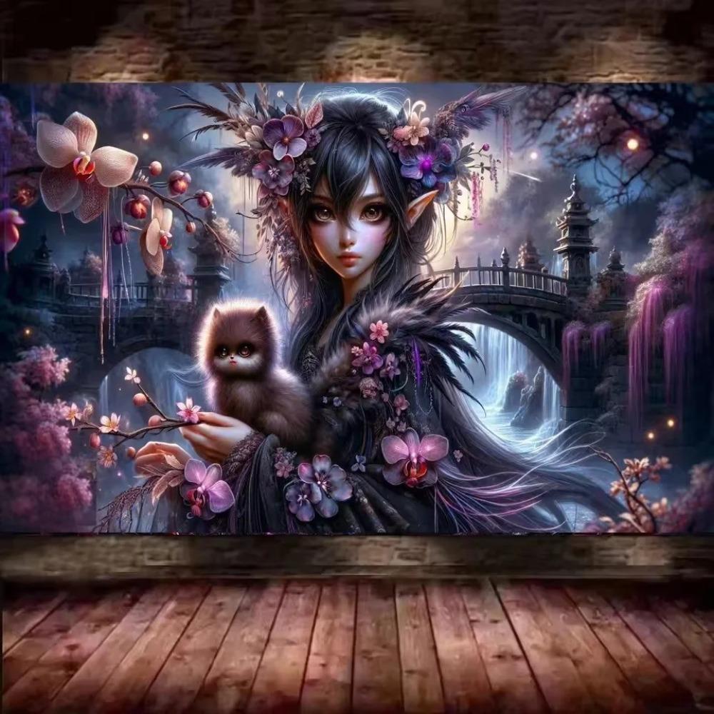 Purple Black Dragon Woman DIY Vibrant Colorful Orchid Flower 5D Full Diamond Painting Cross Stitch Kits Mosaic Embroidery