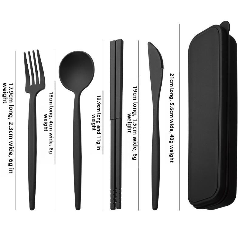 Portable Knife, Fork, Spoon and Chopstick Set for Outdoor Camping. Black Wheat Straw Tableware Set of Four Pieces.