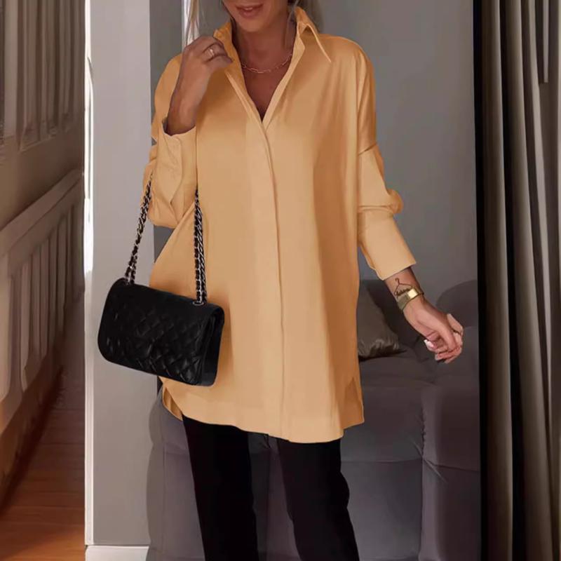 Lapel Fashion Office Ladies Blouses Solid Color Long Sleeve Shirt
