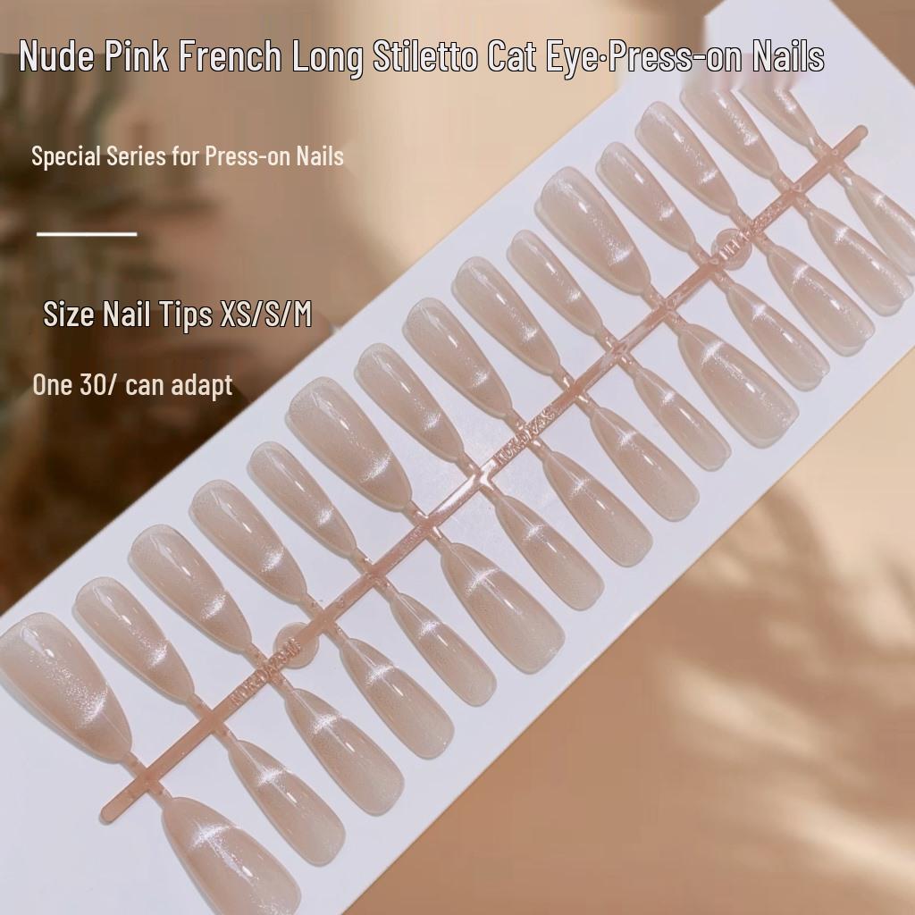 

Роскошные нюдово-розовые французские накладные ногти «кошачий глаз» для длительного ношения