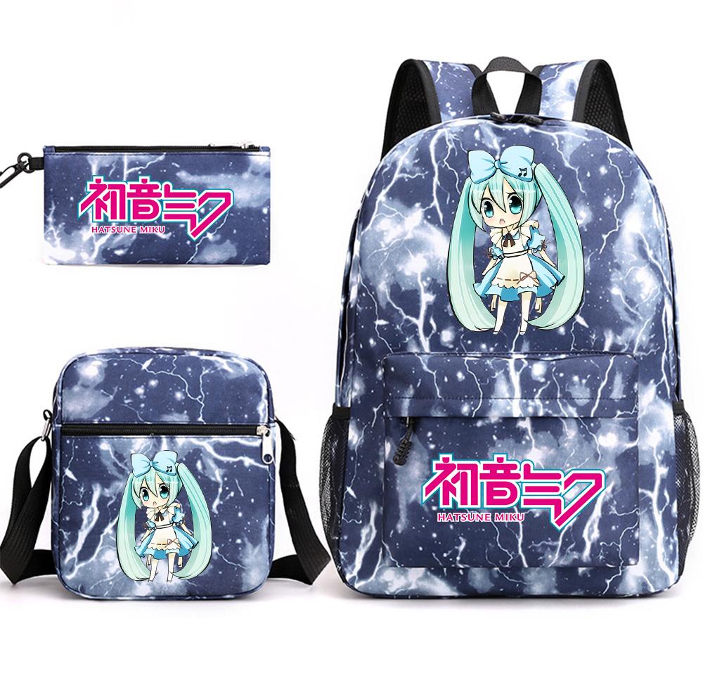 3Pcs/set Anime Cartoon Hatsune Miku Printed Backpack with Shoulder Bag Pencil Case for Teenager Student Boy Girl Large Capacity Waterproof Schoolbag