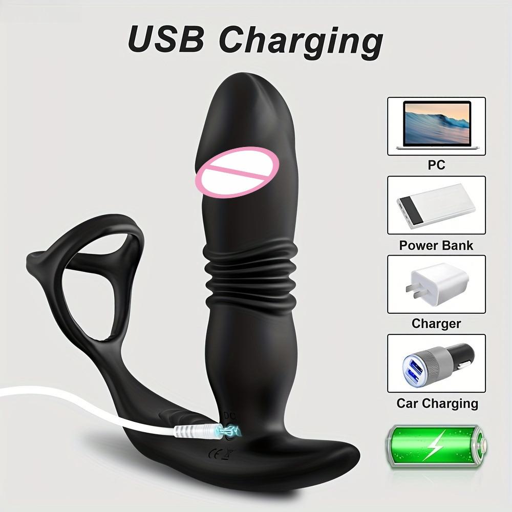 Thrusting Anal Vibrator Prostate Massager Cock Ring Dildo Anal Butt Plug Stimulator Adults Sex Toys for Men and Couple Pleasure