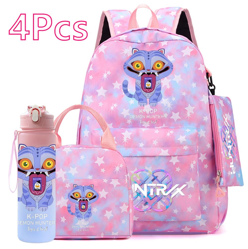 4Pcs/set Anime Cute Printed Backpack Large Capacity Bookbag HandBag Case Bag with 750ml Water Bottler Boy Girl SchoolBag Waterproof Mochila