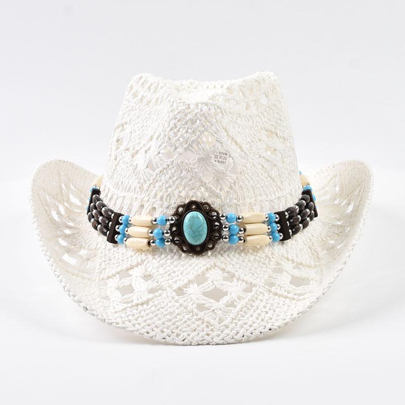 Boho Hollow Out Straw Sun Hat Summer Outdoor Vacation Western Cowgirl Beach Hat One Size белый