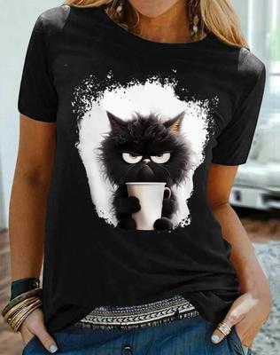 Dam T-shirt Katt Vardag Helg Svart Tryck Sommar Kortärmad Mode Rolig Rund Hals Normal Bekväm Mjuk Kreativ Topp