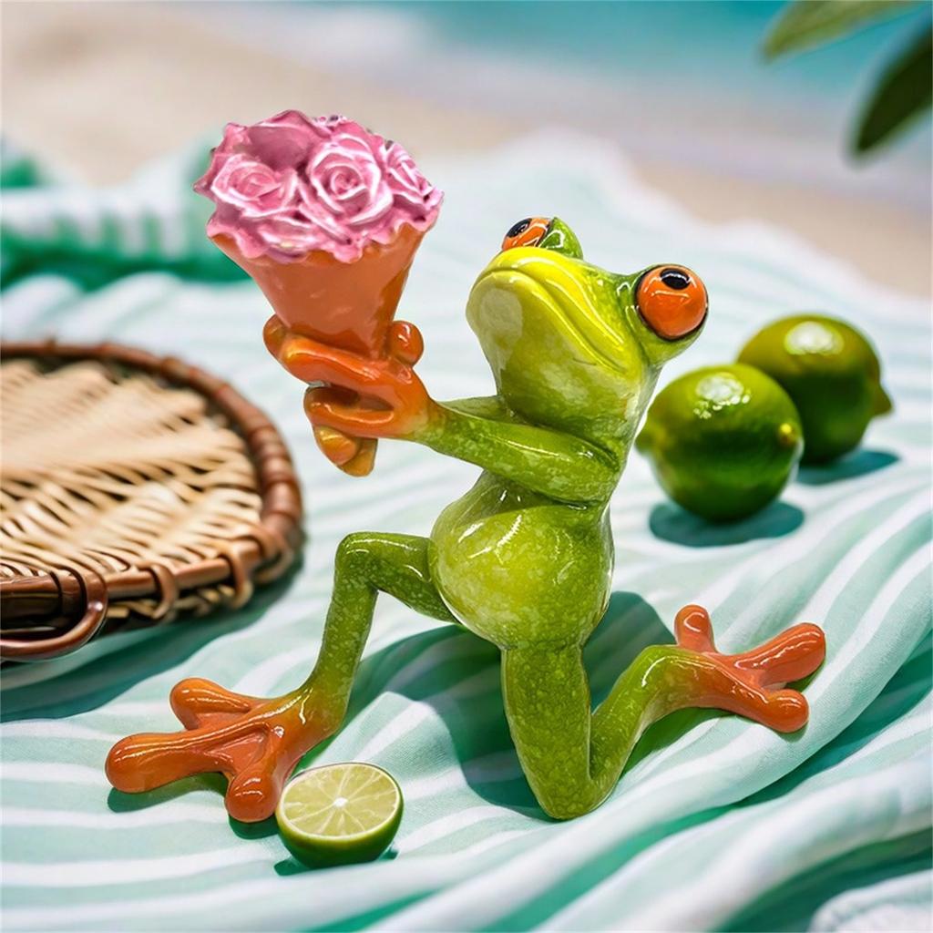 Kawaii Frog Couple Figurines Proposal Flower Delivery Resin Crafts Ornament Frog Marriage Proposal Figurine Valentine's Day Gift