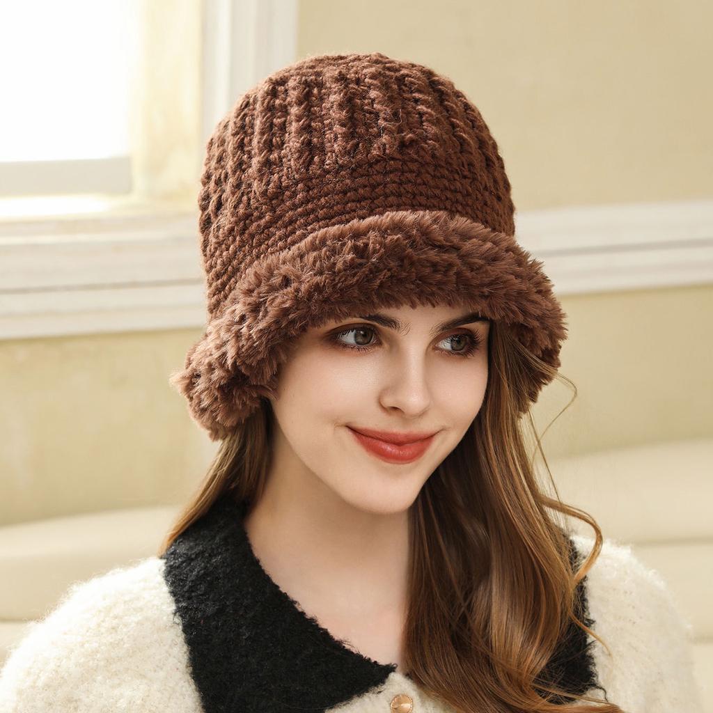Plush edge knitted bucket hat women's autumn and winter warm versatile big head circumference showing face small wool bag head ear protection hat