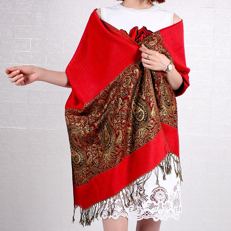 

Двусторонний кашемировый шарф на осень и зиму, модный дорожный платок-шаль с часами, длинный шарф с бахромой из золотого шелка с рисунком «кешью» красный