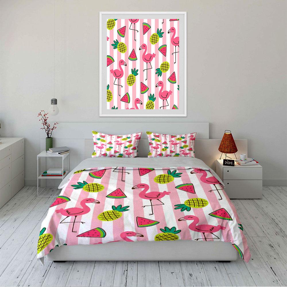 Flamingo Pineapple Watermelon Pattern Bedding Duvet Cover Set Duvet Cover Pillowcases (1*Duvet Cover 2*Pillowcases, Without Duvet Insert)