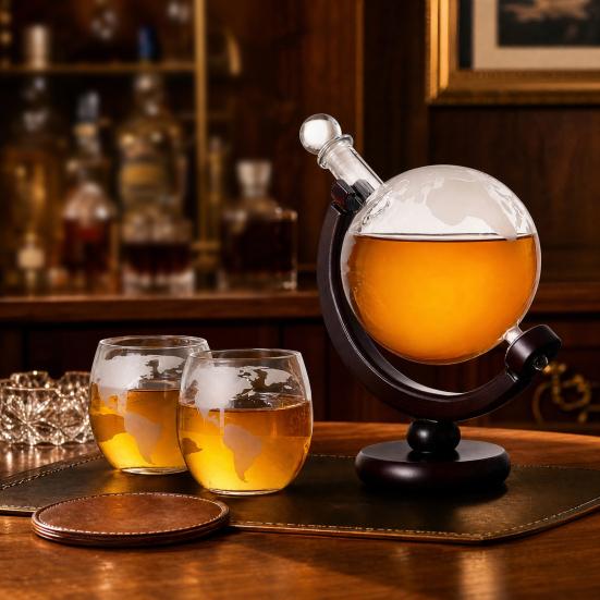 Welt Erde Karaffe Set, 850ml Schiff Whiskey Karaffe mit 2 Gläsern, Holzständer Rotierender Weinspender, Geschenk für Männer Papa