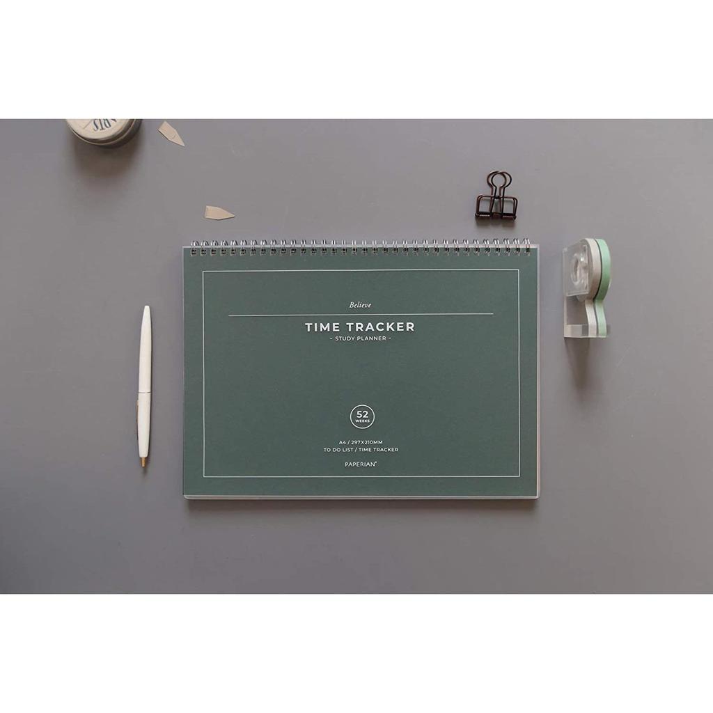 PAPERIAN Believe TIME Tracker - A4-Format drahtgebundener undatierter Studienplaner, Terminplaner (Pink, Kieferngrün, Grau, Violett)