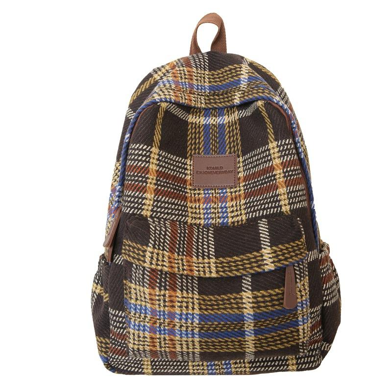 Schultaschen-Rucksack für Damen, wollener Herbst/Winter neuer Mittelschulrucksack, einfacher karierter Reiserucksack, Schulranzen im College-Stil