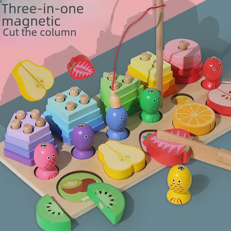 Children's Educational Toy Set: Shape, Color Matching, Building Blocks, Fishing Game, and Fruit Cutting.