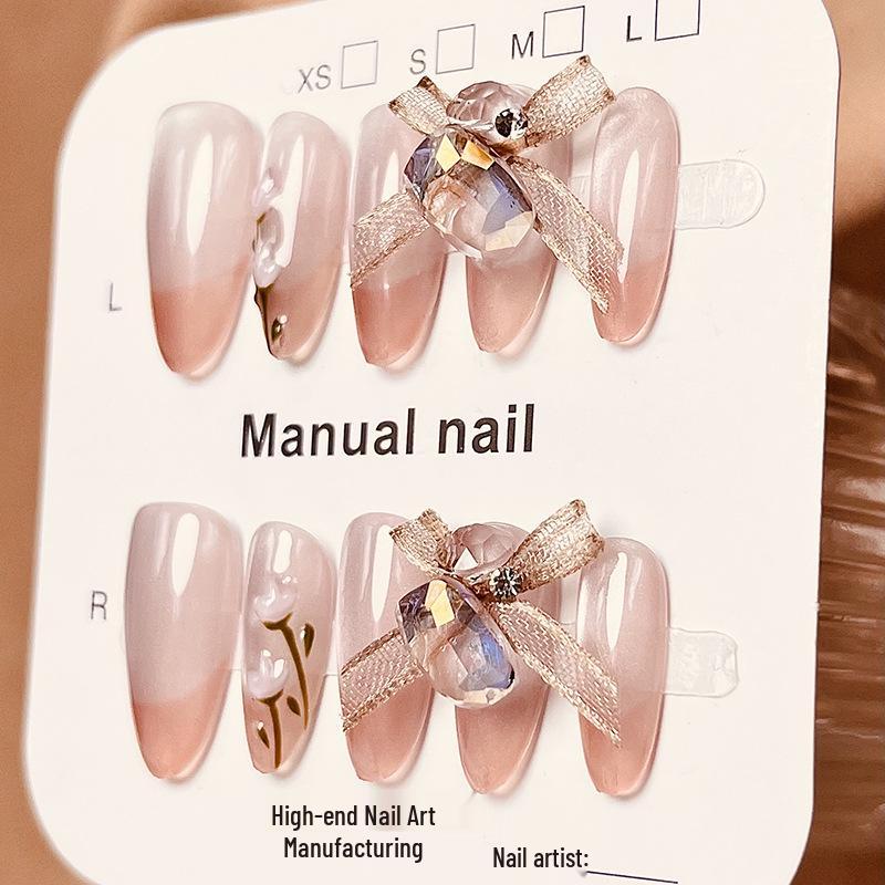 Handmade Glazed Cat Eye French Tulip Nails with Sparkle Bowknot Rhinestones Large L
