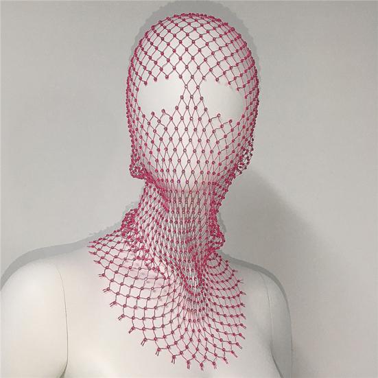 Fishnet Hat Rhinestones Design Hollow Hooded Hat Solid Color Breathable Elastic Fishnet Night Club Hat