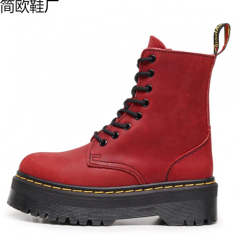 Top layer platform locomotive boots women, side zipper Crazy Horse brown short boots leather loose