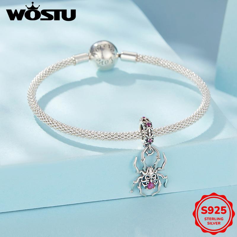 WOSTU 925 Sterling Silver Punk Gift Purple Red Green Spider Charms Pendant Bead Fit Original Bracelet Necklace DIY Birthday Gift