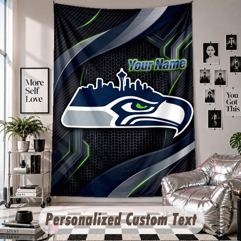 Wall Hanging Tapestry With Custom Name & Text, Seattle Seahawks Decorative Tapestry For Bedroom