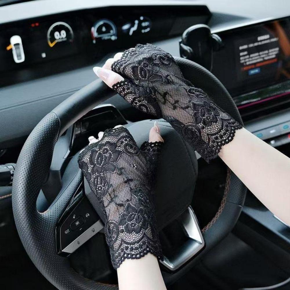

Elasticity Mesh Lace Gloves UV Protection Sun Protection Gloves Half-finger Gloves Driving Riding чёрный