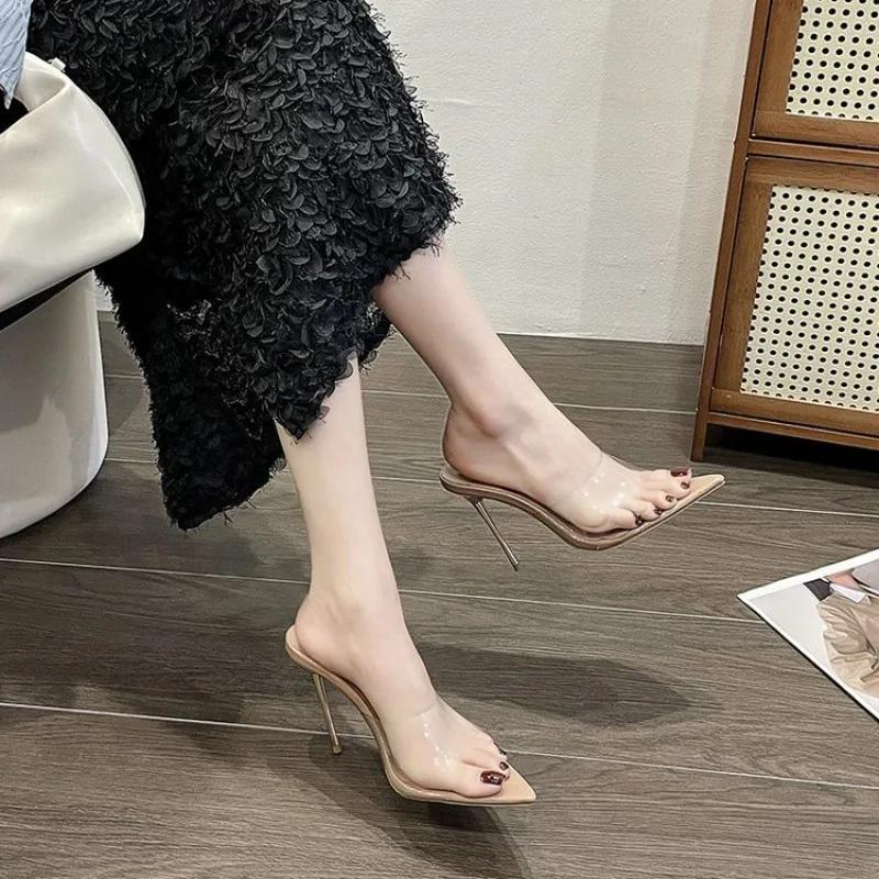 Thin Heeled Slippers for Women In The Summer of 2025, New Pointed High-heeled Transparent Toe Cap Half Support Sandals