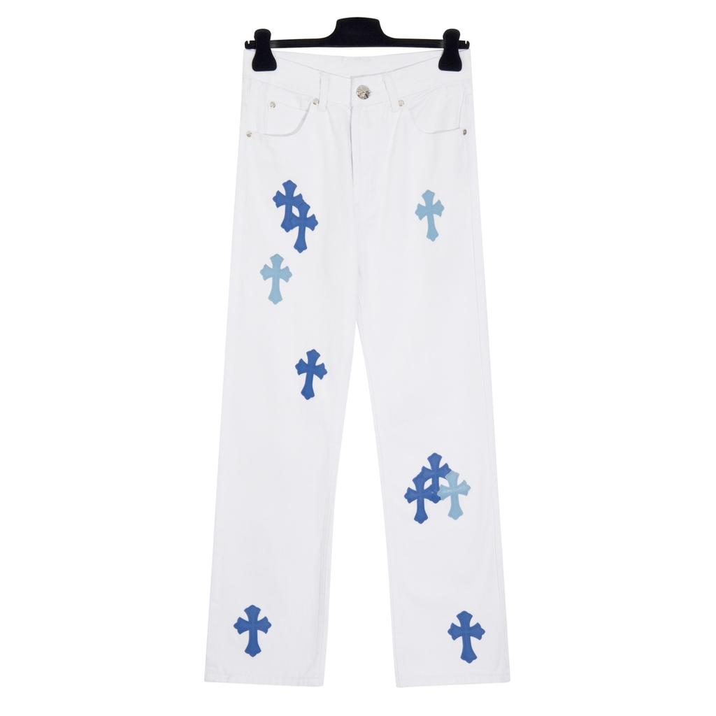 7705 CHROME HEARTS Men's and Women's American Style Trendy Jeans with Fabric Patches, Casual and Fashionable High Street Pants