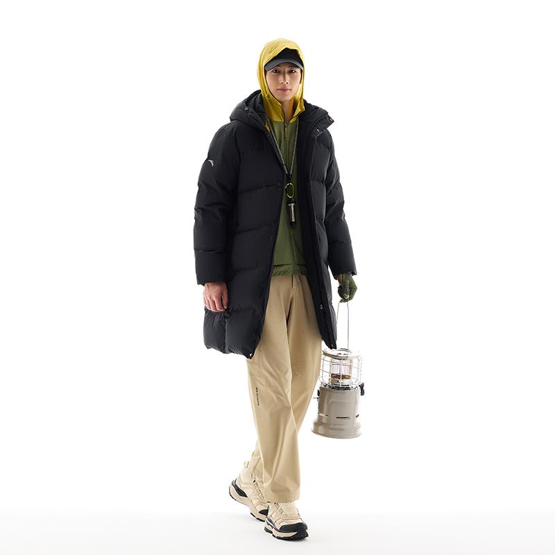 Anta Three-Layer Quick Warmth Four-Defense Technology Duck Down Mid-Length Hooded Down Jacket Men Outerwear Basic-Black 952447909-2