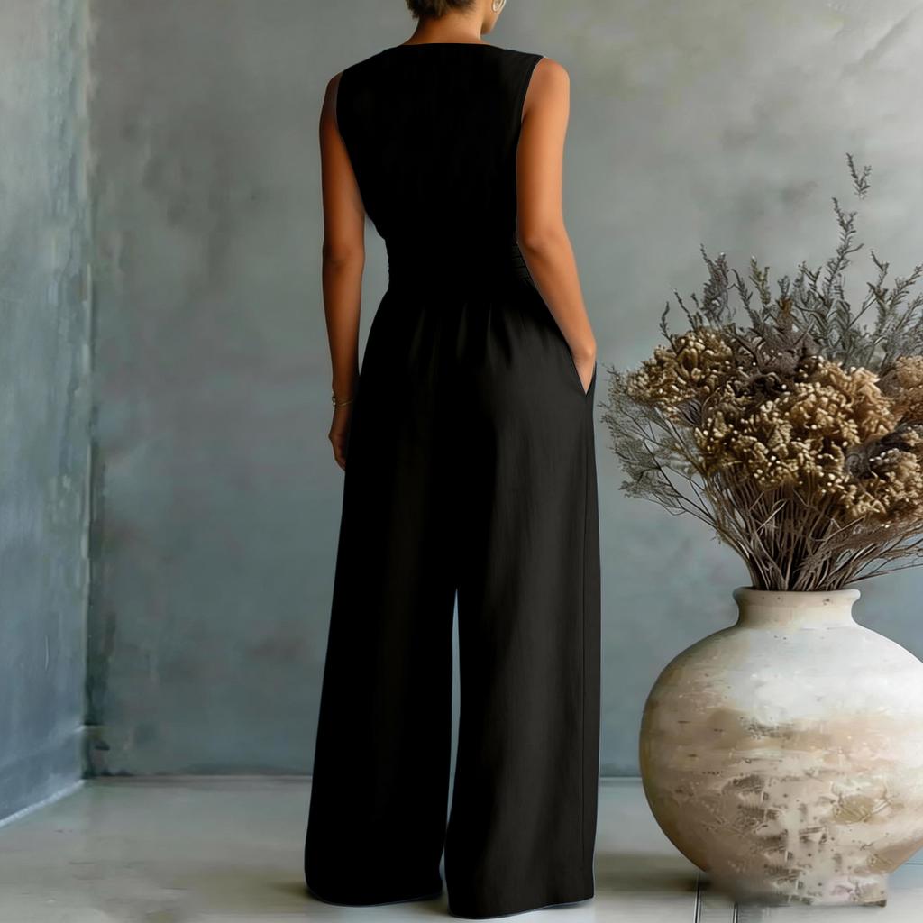 Damen V-Ausschnitt Ärmellos Weiter Bein Jumpsuit Elegantes Taillen-Outfit für Freizeit oder Formelle Anlässe