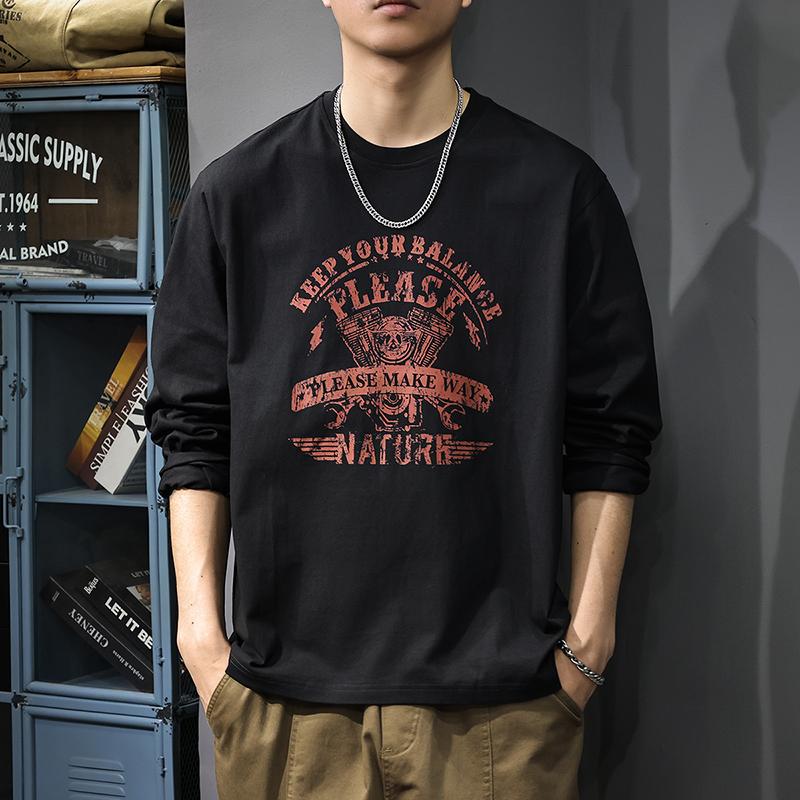 

Осенняя модная мужская футболка с длинными рукавами и фирменным принтом, свободная футболка в американском ретро-стиле, свитер с круглым вырезом из плотного хлопка L чёрный