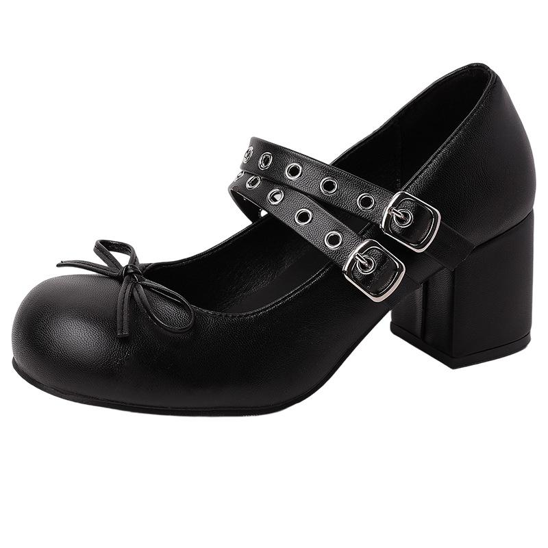 Fashion design sense retro bow high heel Mary Jane shoes women's summer versatile double buckle with ballet shoes single shoes
