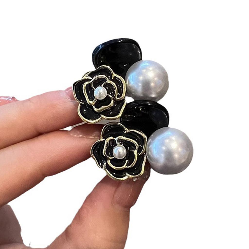 Camellia Flower Hair Claw Clip Simple Multifunctional Flower Artificial Pearl Hair Clip for Party Black